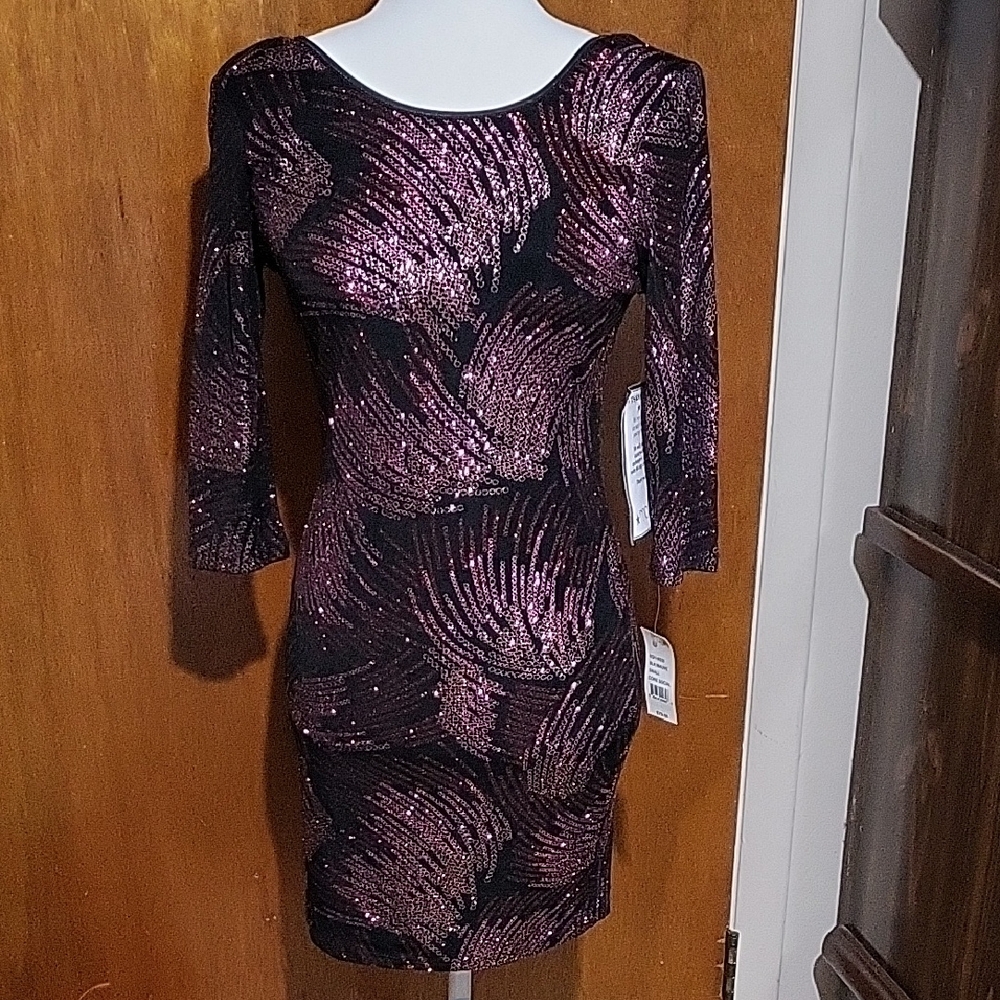 NWT Crystal Doll Core Social Blk Mauve Sparkly Mini Dress Size Small